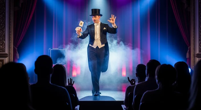 Magician Alex Ramon performing a live illusion on stage at Caesars Republic Lake Tahoe.
