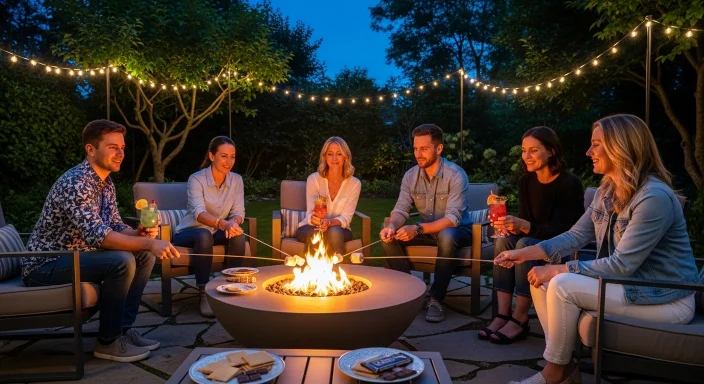 Guests enjoying drinks and s’mores by the fire pit during Garden Nights at Caesars Republic.