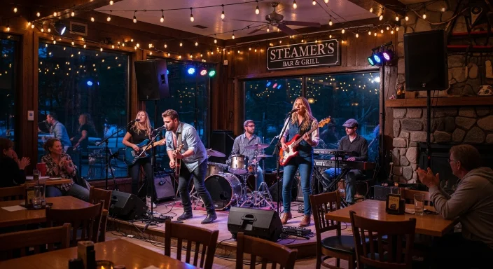 Live band playing at Steamer’s Bar & Grill in South Lake Tahoe during evening music night.