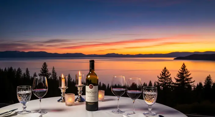 A beautifully set dinner table with The Prisoner Wine Company bottle and glasses, overlooking Lake Tahoe at sunset