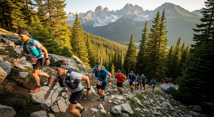Runners participating in the Ferris Fifty Endurance Run on a mountain trail among pine forests and rocky terrain, with backdrop of alpine peaks