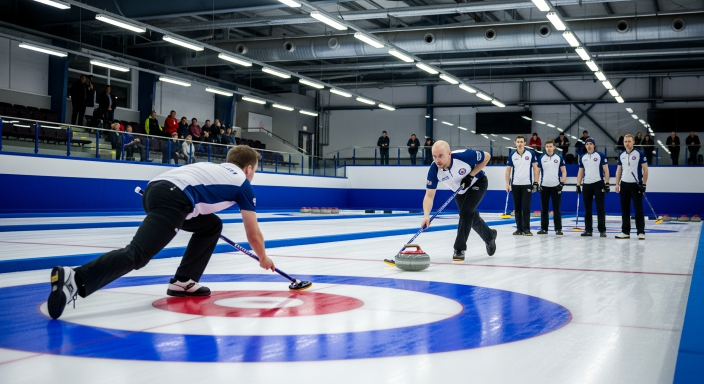 Teams playing curling inside Tahoe Blue Event Center, with one athlete sliding a stone on the ice and others sweeping, audience in stands