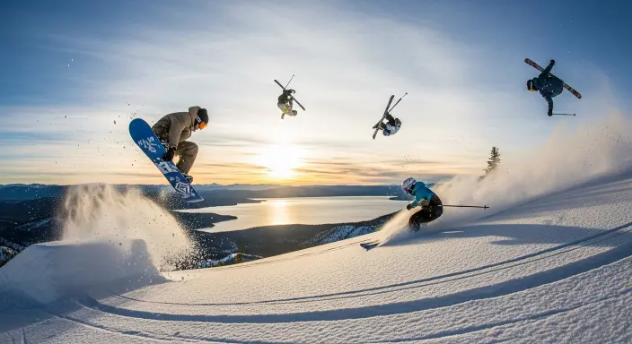 Action-packed scene from the Warren Miller Film Tour featuring skiers and snowboarders performing tricks against the stunning backdrop of Lake Tahoe's snow-covered peaks.