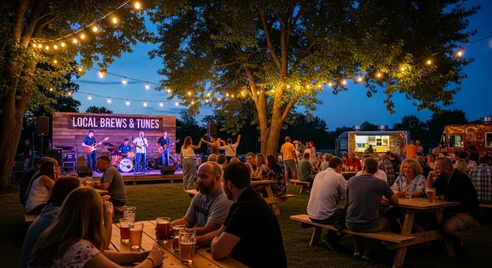 Outdoor stage at AleWorX with live band playing and people enjoying drinks.