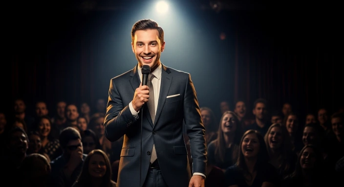 Spotlight on Alfred Robles on stage, smiling with a mic, audience laughing in the dim background.