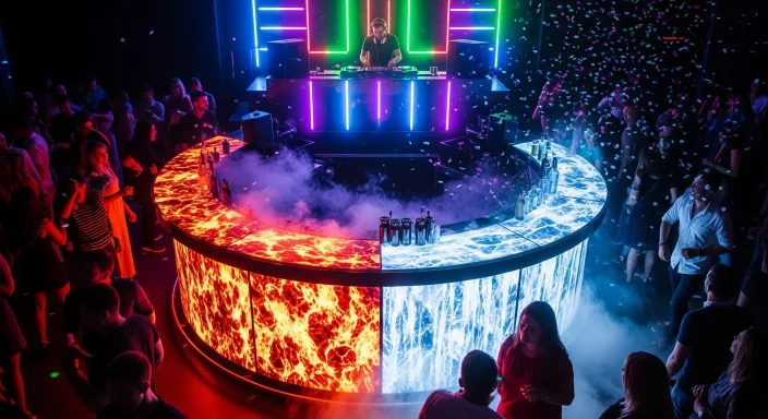 DJ spinning tracks inside HQ Bar with colorful lights and people dancing.