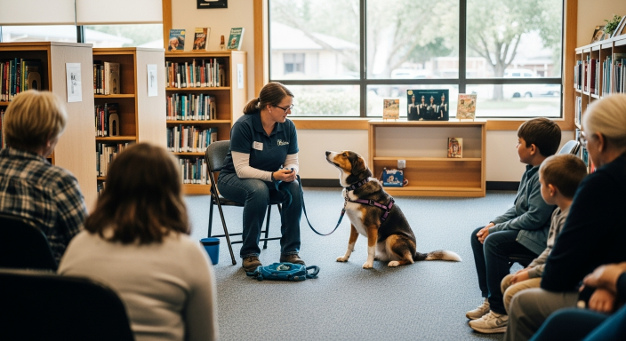A dog trainer working with a dog inside the South Lake Tahoe Library, with bookshelves behind and people watching the demonstration