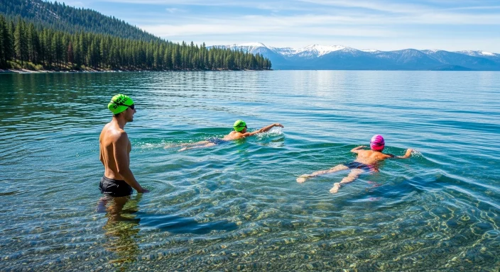 Swimmer slowly entering Lake Tahoe from the sandy shoreline, wearing a wetsuit and water shoes, clear blue water with pine trees and mountains in the background