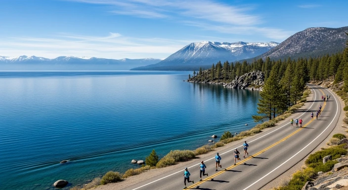 Marathon runners on a lakeside road with Lake Tahoe’s blue water and mountains in the background.