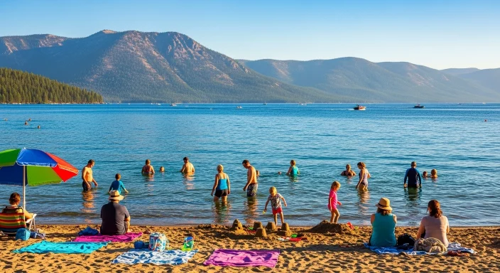Two swimmers in Lake Tahoe wearing bright neon swim caps for visibility, enjoying the shallow water together on a sunny day with mountains in the background