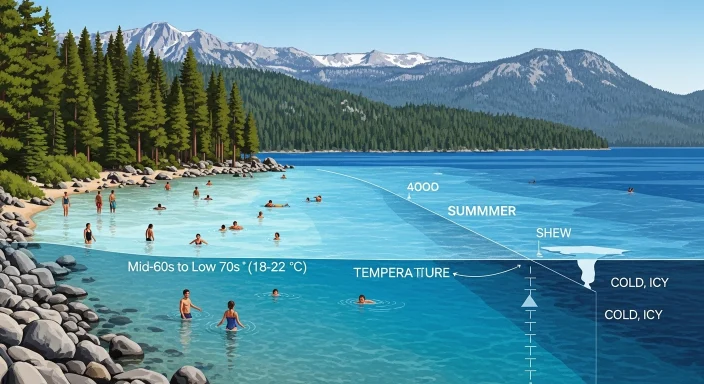 Lake Tahoe summer water temperature showing warmer shallow shoreline and colder deep layers, swimmers enjoying the alpine lake with mountains in the background