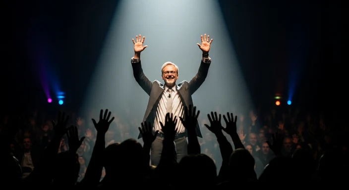 Rapper Prof performing on stage with colorful lights and a cheering crowd.