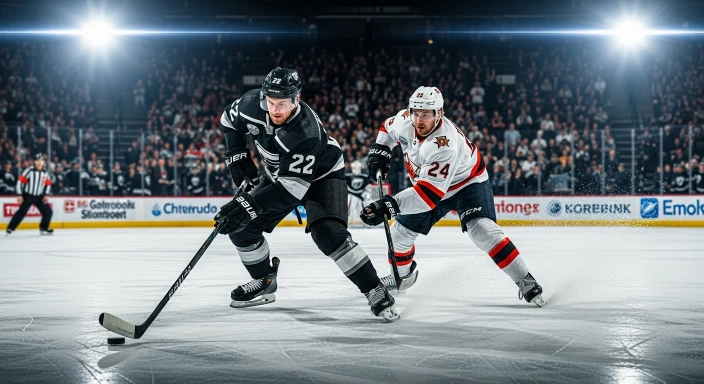 A dramatic hockey action shot with players skating fast, crowd cheering, and bright arena lights.