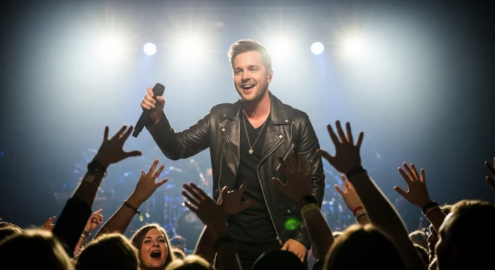Rapper Prof performing on stage with colorful lights and a cheering crowd.